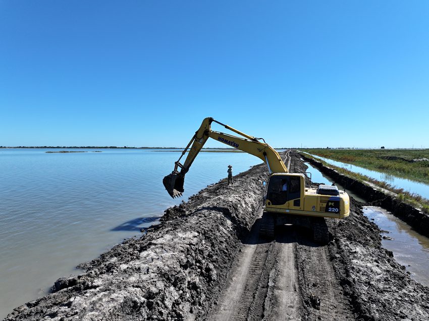 建平鄉在二龍濤河國堤做防護施工。潘晟昱 攝